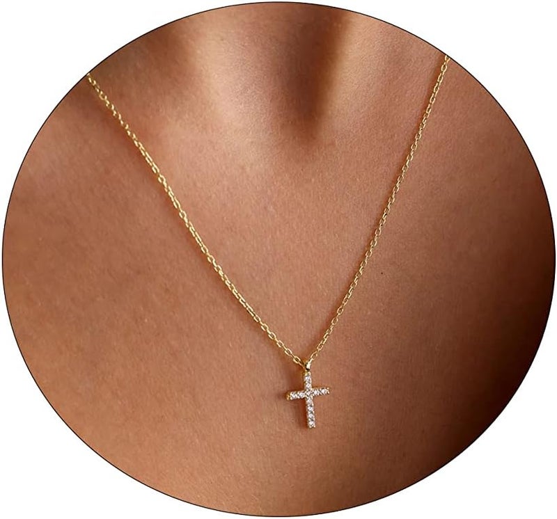VIROMY Gold Cross Necklace for Women 14K Gold Plated Cute Sidways Cross Pendant Choker Necklaces Simple Trendy Everyday Jewelry for Women - Image 1